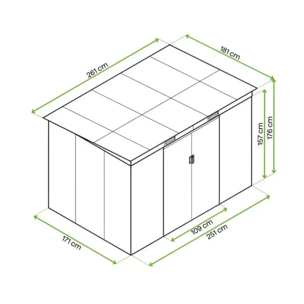 drawing_with_dimensions_of_the_oregon_garden_house_261x171cm_from_hardmaister_82b9 Domek metalowy ogrodowy Hardmaister Oregon 261 × 181 cm Beige