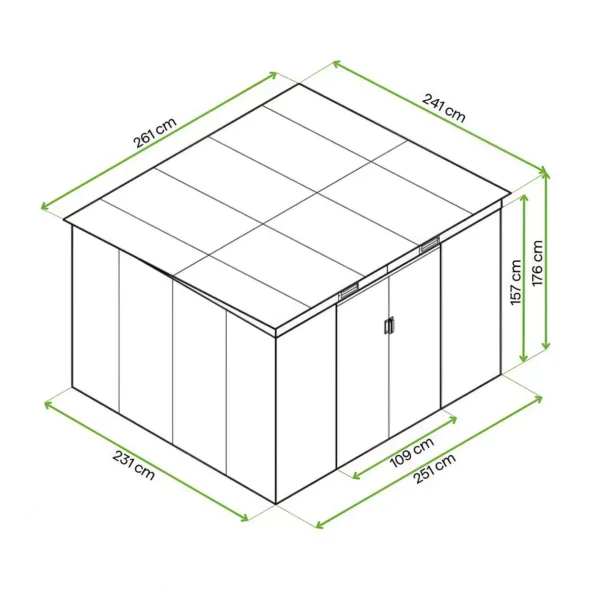 drawing_with_dimensions_of_the_oregon_garden_house_261x241cm_from_hardmaister_26fb Domek metalowy ogrodowy Hardmaister Oregon 261 × 241 cm Warm Grey