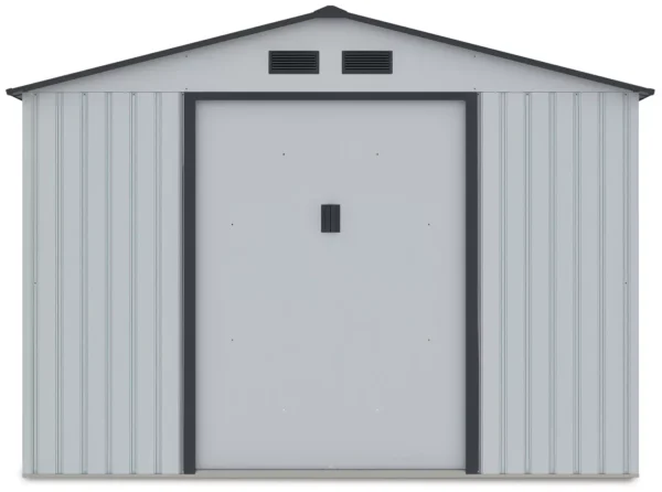 front_view_of_house_garden_Hudson_277x255_cm_with_closed_doors_and_ventilations_d13b Domek metalowy ogrodowy Hardmaister Hudson 277 × 255 cm Light Grey