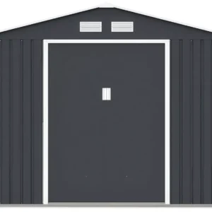 front_view_of_house_garden_Hudson_277x255_with_closed_doors_and_ventilations_33bd Domek metalowy ogrodowy Hardmaister Hudson 277 × 255 cm Cold Grey