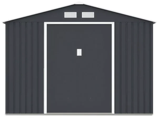 front_view_of_house_garden_Hudson_277x255_with_closed_doors_and_ventilations_33bd Domek metalowy ogrodowy Hardmaister Hudson 277 × 255 cm Cold Grey