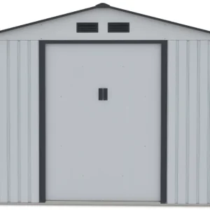 front_view_of_house_garden_Hudson_277x319_cm_with_closed_doors_and_ventilations_aa91 Domek metalowy ogrodowy Hardmaister Hudson 277 × 319 cm Light Grey