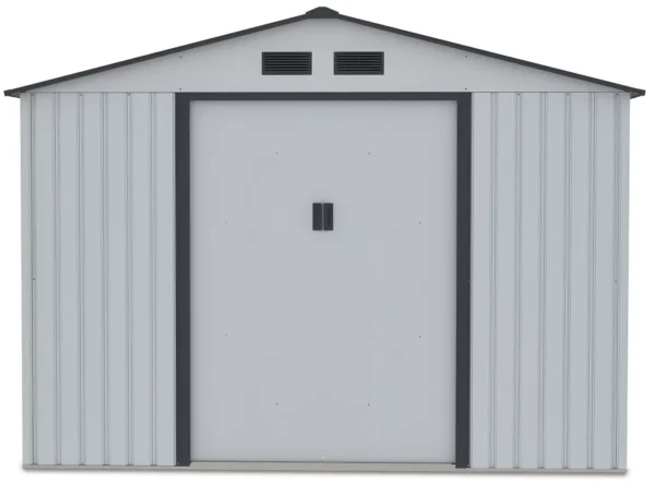 front_view_of_house_garden_Hudson_277x319_cm_with_closed_doors_and_ventilations_aa91 Domek metalowy ogrodowy Hardmaister Hudson 277 × 319 cm Light Grey