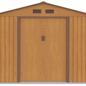front_view_of_house_garden_Hudson_Oak_Brown_with_closed_doors_and_ventilations_bbbe Domek metalowy ogrodowy Hardmaister Hudson 277 × 319 cm Oak Brown