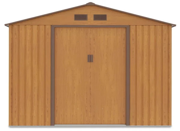front_view_of_house_garden_Hudson_Oak_Brown_with_closed_doors_and_ventilations_bbbe Domek metalowy ogrodowy Hardmaister Hudson 277 × 319 cm Oak Brown