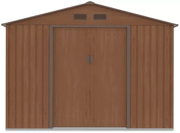 front_view_of_house_garden_Hudson_Walnut_with_closed_doors_and_ventilations_66e8 Domek metalowy ogrodowy Hardmaister Hudson 277 × 319 cm Walnut