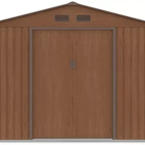 front_view_of_house_garden_Hudson_with_closed_doors_and_ventilations_58cb Domek metalowy ogrodowy Hardmaister Hudson 277 × 255 cm Walnut