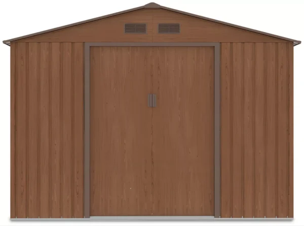 front_view_of_house_garden_Hudson_with_closed_doors_and_ventilations_58cb Domek metalowy ogrodowy Hardmaister Hudson 277 × 255 cm Walnut