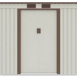 front_view_of_house_garden_Oregon_201x121_cm_Beige_with_closed_doors_and_ventil_65f8 Domek metalowy ogrodowy Hardmaister Oregon 201 × 121 cm Beige