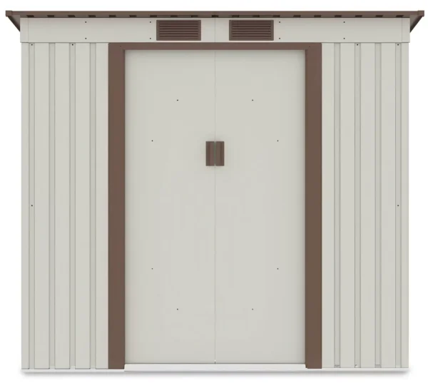 front_view_of_house_garden_Oregon_201x121_cm_Beige_with_closed_doors_and_ventil_65f8 Domek metalowy ogrodowy Hardmaister Oregon 201 × 121 cm Beige