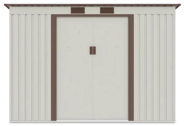 front_view_of_the_oregon_tool_house_261x171cm_in_beige_color_3f39 Domek metalowy ogrodowy Hardmaister Oregon 261 × 181 cm Beige