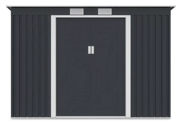 front_view_of_the_oregon_tool_house_261x171cm_in_cold_grey_color_28bd Domek metalowy ogrodowy Hardmaister Oregon 261 × 181 cm Cold Grey