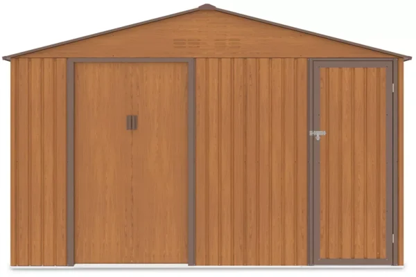 front_view_of_tool_house_Falcon_Oak_Brown_with_close_doors_and_ventilations_Har_a380 Domek metalowy ogrodowy Hardmaister Falcon 340 × 194 cm Oak Brown