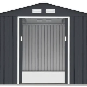 front_view_of_tool_house_Hudson_277x255_cm_Cold_Grey_interior_view_open_doors_caaf Domek metalowy ogrodowy Hardmaister Hudson 277 × 255 cm Cold Grey