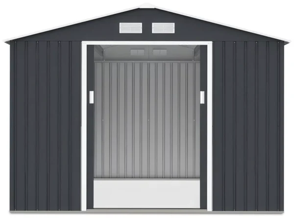 front_view_of_tool_house_Hudson_277x255_cm_Cold_Grey_interior_view_open_doors_caaf Domek metalowy ogrodowy Hardmaister Hudson 277 × 255 cm Cold Grey