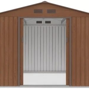 front_view_of_tool_house_Hudson_277x255_cm_Walnut_interior_view_open_doors_2a2e Domek metalowy ogrodowy Hardmaister Hudson 277 × 255 cm Walnut