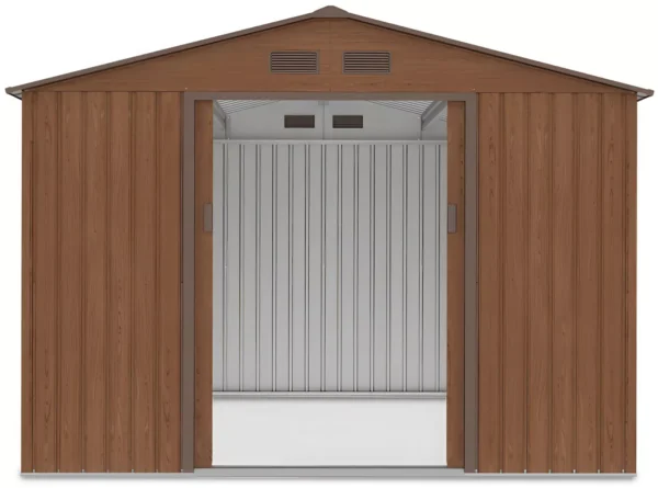 front_view_of_tool_house_Hudson_277x255_cm_Walnut_interior_view_open_doors_2a2e Domek metalowy ogrodowy Hardmaister Hudson 277 × 255 cm Walnut