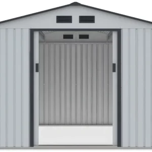front_view_of_tool_house_Hudson_277x255_cm_interior_view_open_doors_1678 Domek metalowy ogrodowy Hardmaister Hudson 277 × 255 cm Light Grey