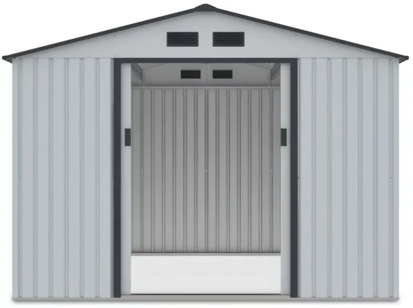front_view_of_tool_house_Hudson_277x255_cm_interior_view_open_doors_1678 Domek metalowy ogrodowy Hardmaister Hudson 277 × 255 cm Light Grey
