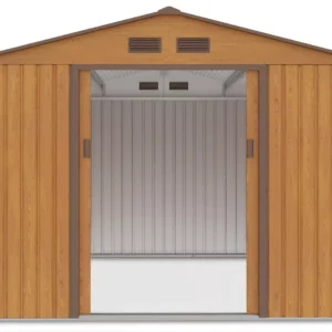 front_view_of_tool_house_Hudson_277x319_cm_Hardmaister_interior_view_open_doors_013d Domek metalowy ogrodowy Hardmaister Hudson 277 × 319 cm Oak Brown