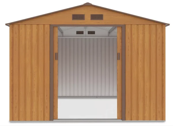 front_view_of_tool_house_Hudson_277x319_cm_Hardmaister_interior_view_open_doors_013d Domek metalowy ogrodowy Hardmaister Hudson 277 × 319 cm Oak Brown