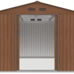 front_view_of_tool_house_Hudson_277x319_cm_interior_view_open_doors_4b17 Domek metalowy ogrodowy Hardmaister Hudson 277 × 319 cm Walnut