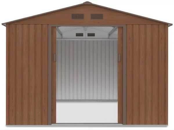 front_view_of_tool_house_Hudson_277x319_cm_interior_view_open_doors_4b17 Domek metalowy ogrodowy Hardmaister Hudson 277 × 319 cm Walnut