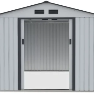 front_view_of_tool_house_Hudson_277x319_cm_interior_view_open_doors_Light_Grey_0b25 Domek metalowy ogrodowy Hardmaister Hudson 277 × 319 cm Light Grey