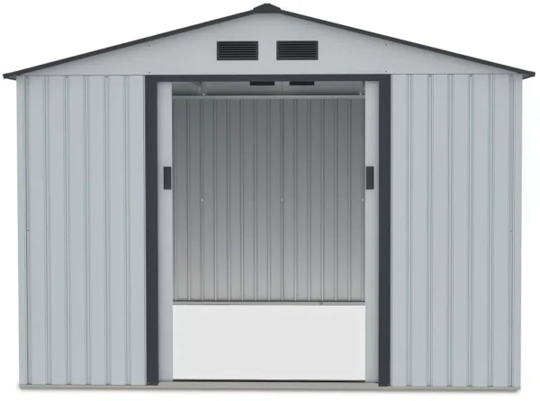 front_view_of_tool_house_Hudson_277x319_cm_interior_view_open_doors_Light_Grey_0b25 Domek metalowy ogrodowy Hardmaister Hudson 277 × 319 cm Light Grey