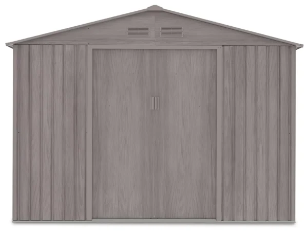 front_view_of_tool_house_Hudson_Light_Wood_with_close_doors_and_ventilations_21de Domek metalowy ogrodowy Hardmaister Hudson 277 × 191 cm Light Wood