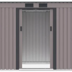 front_view_of_tool_house_Oregon_201x121_cm_Warm_Grey_interior_view_open_doors_85a7 Domek metalowy ogrodowy Hardmaister Oregon 201 × 121 cm Warm Grey