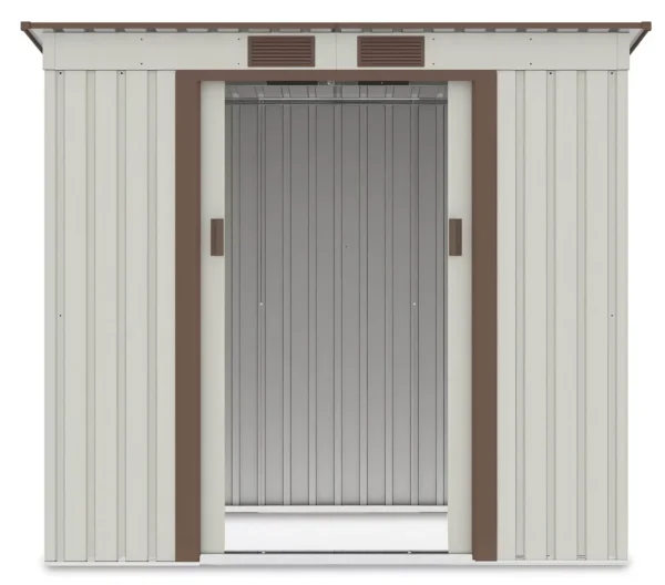 front_view_of_tool_house_Oregon_201x121_cm_beige_interior_view_open_doors_4a44 Domek metalowy ogrodowy Hardmaister Oregon 201 × 121 cm Beige