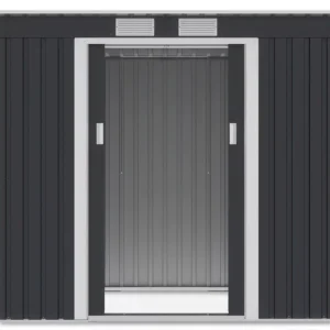 front_view_of_tool_house_Oregon_201x121_cm_cold_grey_interior_view_open_doors_c7a5 Domek metalowy ogrodowy Hardmaister Oregon 201 × 121 cm Cold Grey