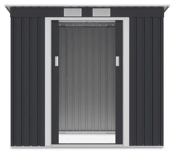 front_view_of_tool_house_Oregon_201x121_cm_cold_grey_interior_view_open_doors_c7a5 Domek metalowy ogrodowy Hardmaister Oregon 201 × 121 cm Cold Grey