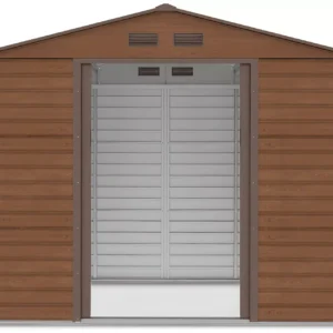 front_view_with_open_doors_of_house_garden_Montreal_277x195_cm_Walnut_b3c4 Domek metalowy ogrodowy Hardmaister Montreal 277 × 195 cm Walnut