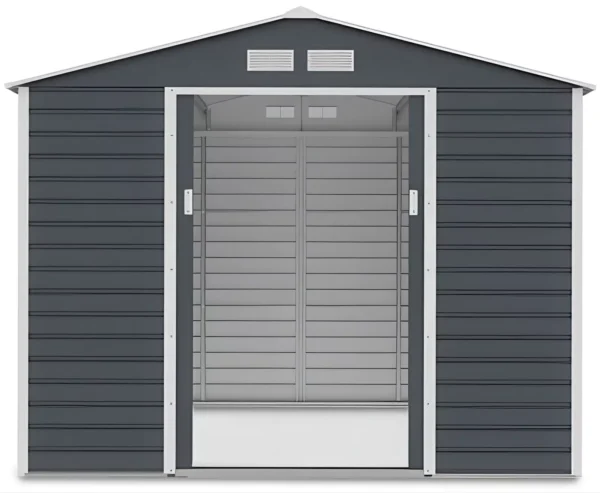 front_view_with_open_doors_of_house_garden_Montreal_277x259_cm_Cold_Grey_32dc Domek metalowy ogrodowy Hardmaister Montreal 277 × 259 cm Cold Grey