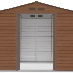 front_view_with_open_doors_of_house_garden_Montreal_277x259_cm_Walnut_0d21 Domek metalowy ogrodowy Hardmaister Montreal 277 × 259 cm Walnut