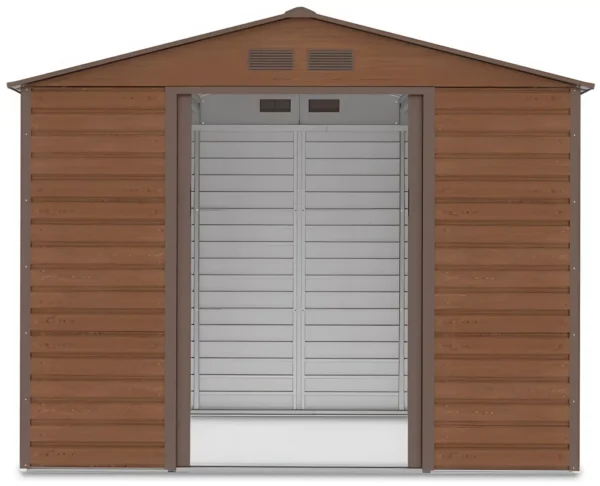 front_view_with_open_doors_of_house_garden_Montreal_277x259_cm_Walnut_0d21 Domek metalowy ogrodowy Hardmaister Montreal 277 × 259 cm Walnut