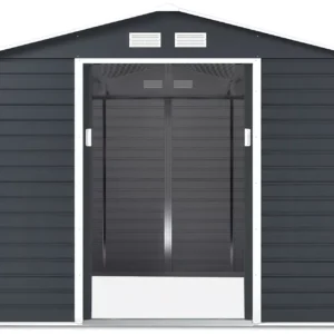 front_view_with_open_doors_of_house_garden_Montreal_277x323_cm_Cold_Grey_4d64 Domek metalowy ogrodowy Hardmaister Montreal 277 × 323 cm Cold Grey