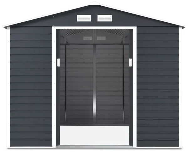 front_view_with_open_doors_of_house_garden_Montreal_277x323_cm_Cold_Grey_4d64 Domek metalowy ogrodowy Hardmaister Montreal 277 × 323 cm Cold Grey