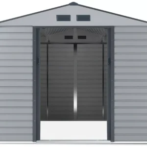 front_view_with_open_doors_of_house_garden_Montreal_277x323_cm_Light_Grey_5f74 Domek metalowy ogrodowy Hardmaister Montreal 277 × 323 cm Light Grey