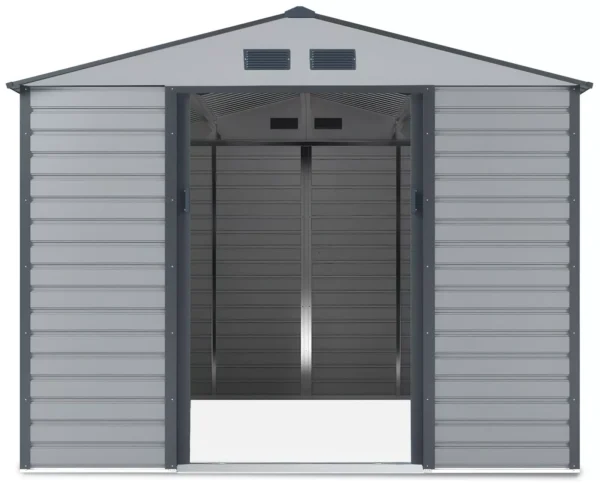 front_view_with_open_doors_of_house_garden_Montreal_277x323_cm_Light_Grey_5f74 Domek metalowy ogrodowy Hardmaister Montreal 277 × 323 cm Light Grey