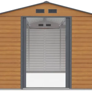 front_view_with_open_doors_of_house_garden_Montreal_277x323_cm_Oak_Grey_8a2c Domek metalowy ogrodowy Hardmaister Montreal 277 × 323 cm Oak Grey