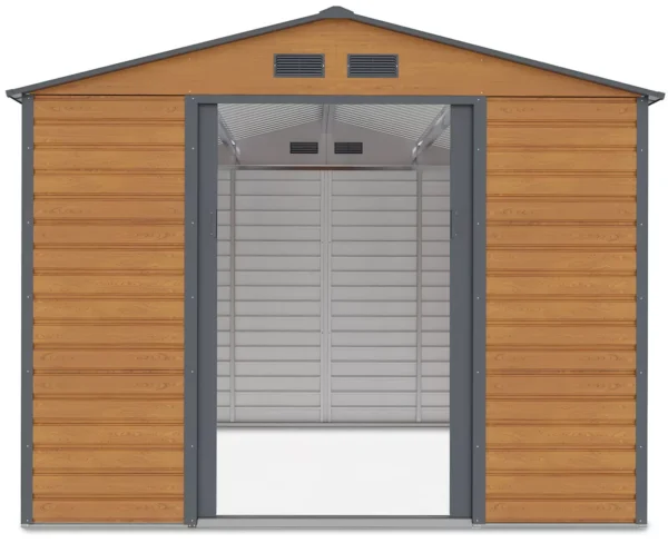 front_view_with_open_doors_of_house_garden_Montreal_277x323_cm_Oak_Grey_8a2c Domek metalowy ogrodowy Hardmaister Montreal 277 × 323 cm Oak Grey