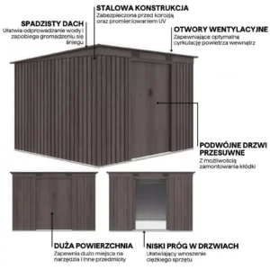 glowne-cechy-domku-oregon-261x241 Domek metalowy ogrodowy Hardmaister Oregon 261 × 241 cm Light Wood