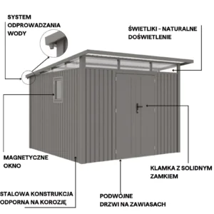 grafika_z_cechami_domku_narzedziowego_portland_hardmaister_6988 Domek metalowy ogrodowy Hardmaister Portland 289 × 318 cm Grey Aluminium