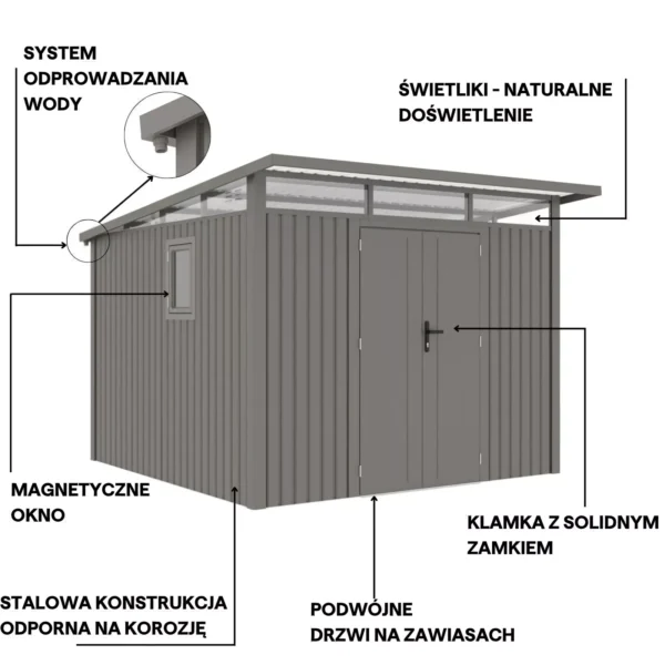 grafika_z_cechami_domku_narzedziowego_portland_hardmaister_b998 Domek metalowy ogrodowy Hardmaister Portland 289 × 253 cm Grey Aluminium