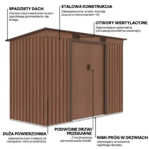 graphics_with_details_and_features_of_the_oregon_tool_house_261x121cm_378f Domek metalowy ogrodowy Hardmaister Oregon 261 × 121 cm Walnut