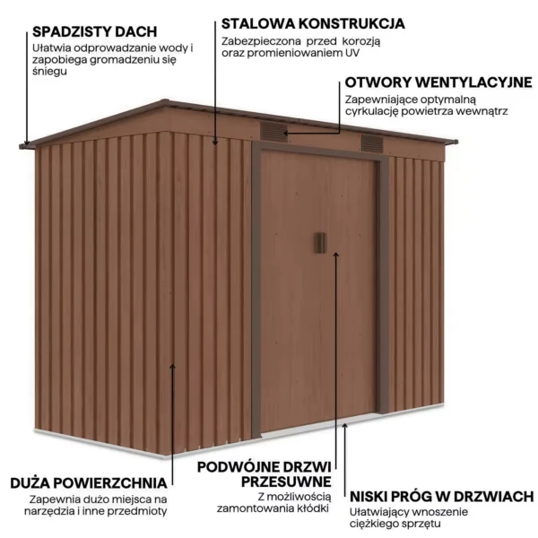 graphics_with_details_and_features_of_the_oregon_tool_house_261x121cm_378f Domek metalowy ogrodowy Hardmaister Oregon 261 × 121 cm Walnut