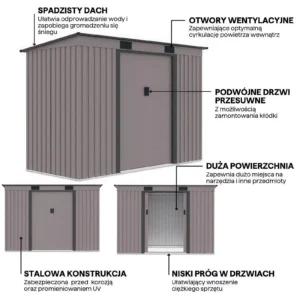 Domek metalowy ogrodowy Hardmaister Oregon 261 × 121 cm Warm Grey